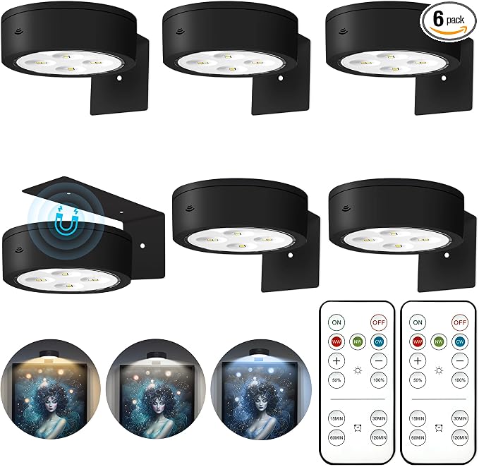 Picture Lights for Wall, Wireless Poster Lights Battery Operated, Black | LED Magnetic Painting Light with Remote Dimmable, Timer＆3 Lighting Modes, Art Display Puck Light for Frame Portrait, 6 Pack by Kandicyar