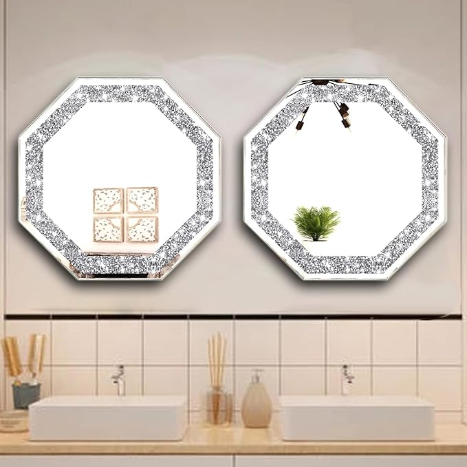 2 Piece Wall Mirrors Octagon, Crush Diamond Mirrors Wall Decor, Silver Decorative Mirrors for Living Room Decor, Bedroom, Bathroom. (12”x12”) - Image 4