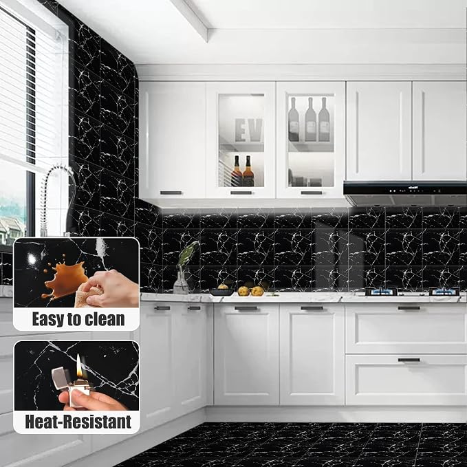 10pcs Peel and Stick Shower Tile Waterproof Black Marble Tiles Wall Panels 11.8"X11.8" Self-Adhesive Backsplash for Home Bathroom Kitchen Showers (Not Real Tile) - Image 3