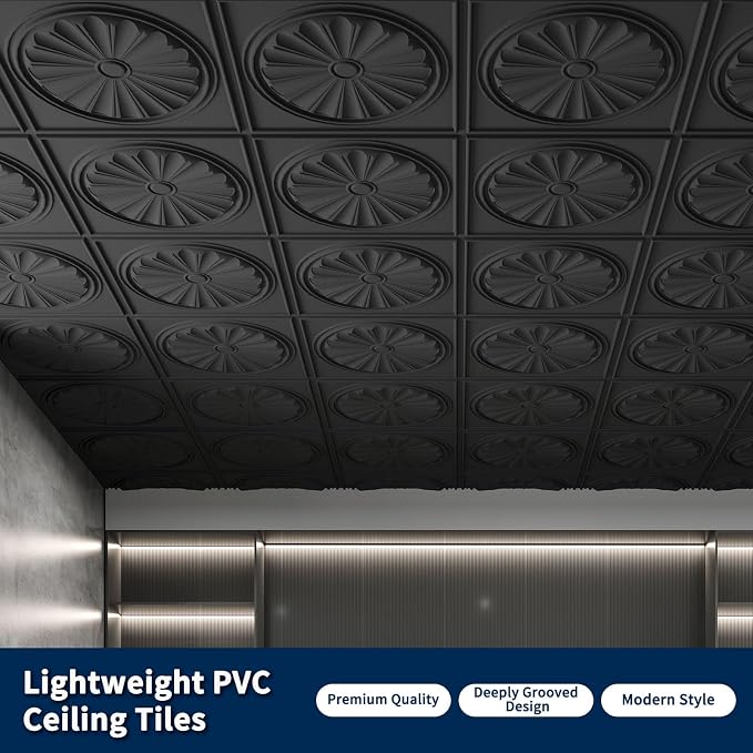 Art3dwallpanels Ceiling Tiles 12 Pack, 24 x 24 Inch, Black | Drop Ceiling Tiles, High Grade PVC, 3D Wall Panels for Interior Wall Decor, Fire Rated, Waterproof, Light Weight - Image 2