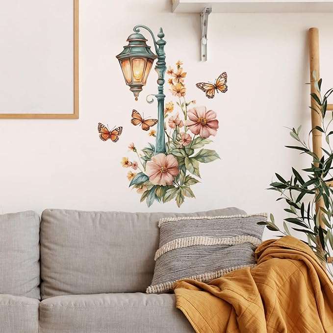 Street Lamp Flower Butterfly Wall Stickers, Streetlight Floral Art Wall Decals Removable Vinyl Peel and Stick Wallpaper for Bedroom Living Room Sofa TV Background Home Decor by BWCXXZH