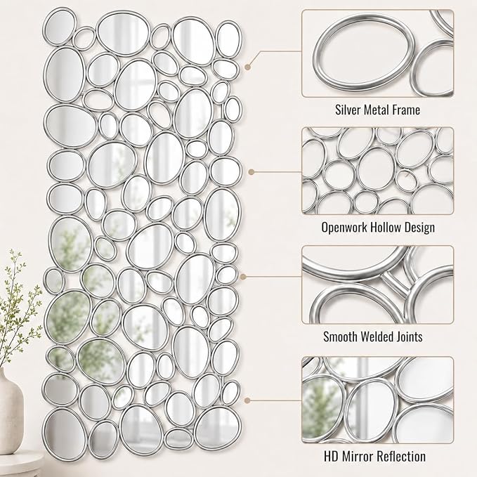 Large Wall Mirrors Decorative - 27.5x55 Inch Silver Living Room Mirrors for Wall Decor, 71 Piece Multi-Size Pebble Design Metal Framed Accent Mirror for Entryway Living Room Home Decor - Image 8