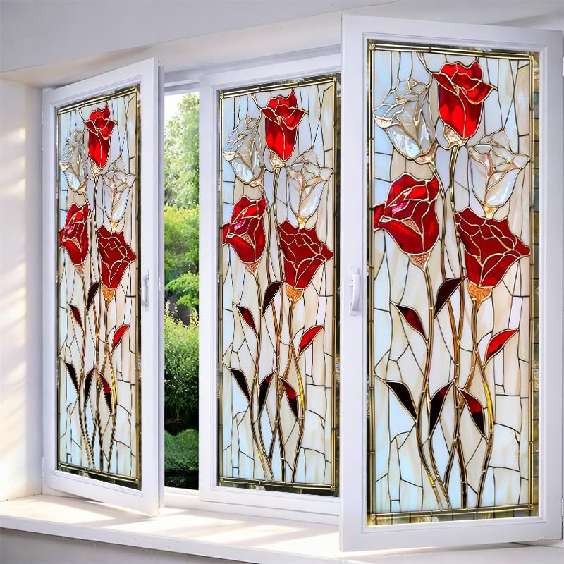 IVN Stained Glass Window Film Rose Floral 17.7 x 39.3 Inch Privacy Window Film by IVN