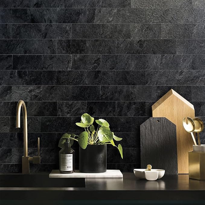 AULIGET 200 Pieces Black Slate Peel and Stick Backsplash Wall Tiles, 3" x 6" PVC Faux Stone Stick on Tiles for Backsplash Kitchen, Bathroom, Laundry Room, Camper, Fireplace - Image 4