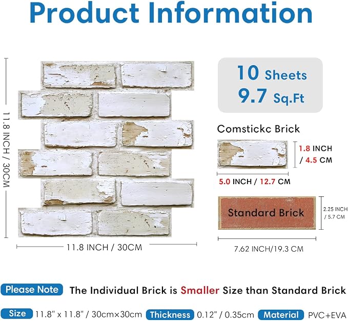 COMSTICKC 3D Faux Brick Wall Panels Peel and Stick, 10 Pcs 11.8" x 11.8" | Retro White, Not Real Brick, Small Size, Ultra-Light PVC Sticker, Fake Brick Decorative Tiles for DIY Decor, Cover 9.7 sq ft - Image 3