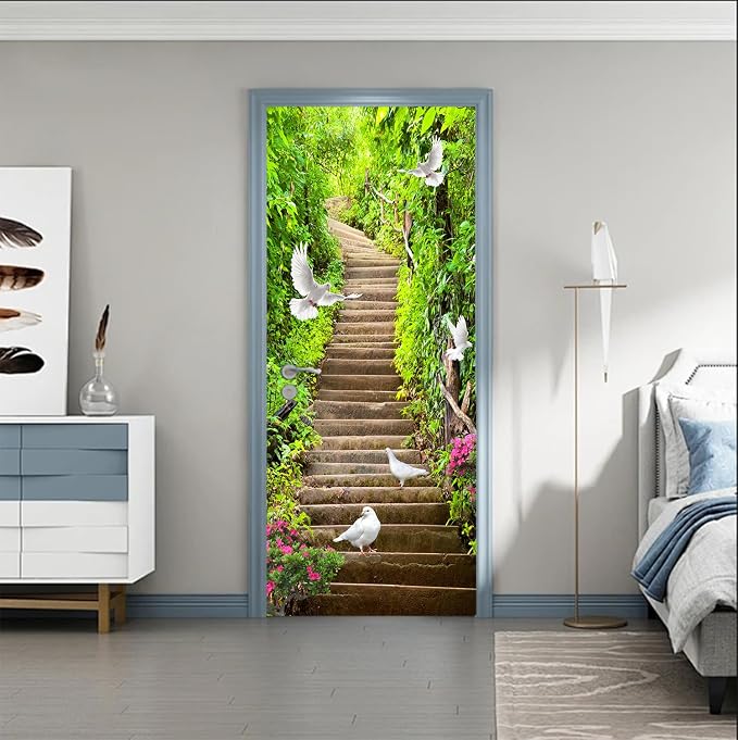 artfanke 3D Peel and Stick Door Sticker 33.5"x84.6"- Self-Adhesive Door Wallpaper Murals Decal-Green Forest Doves Wall Poster for Bedroom Home Decor (2 Sheets/Set) by artfanke