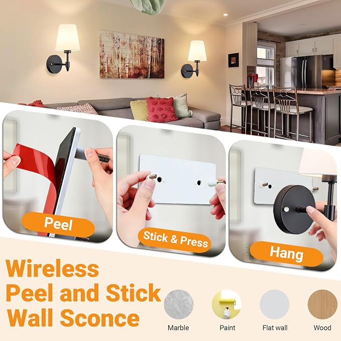 Nekhung Battery Operated Wall Sconce, Peel and Stick Sconces Set of 2 | Wireless Adhesive Stick On Wall Sconce, 10000mAh Rechargeable RGB Bulb with Remote, No Drill Wall Light for Bedroom Decor - Image 3
