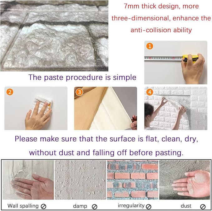 Yutianli 7mm Thick Anti-Collision self Adhesive 3D Wall Panels Peel and Stick,10-Pack 57 Sq.Ft Antique Foam Wall Panel Faux Brick Wall Panels Faux Stone Wall Panels for Bedroom (10, Style G) - Image 6