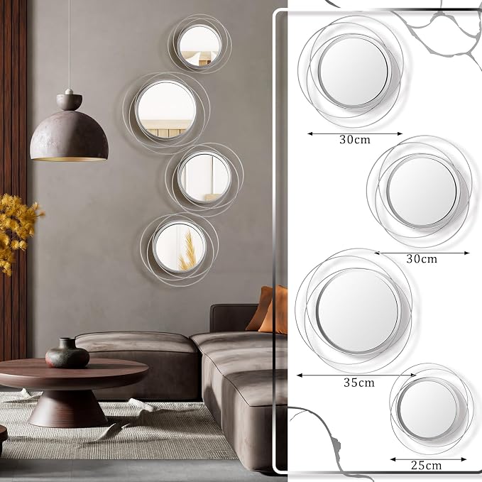 Hicarer 4 Pcs Decorative Wall Mirror Round Modern Mirror Circle Mirror Wall Art Ring Metal Mirror Wall Decor Wall Mounted Mirror for Bedroom Living Room Entryway Dining Room Hallway (Silver) - Image 3