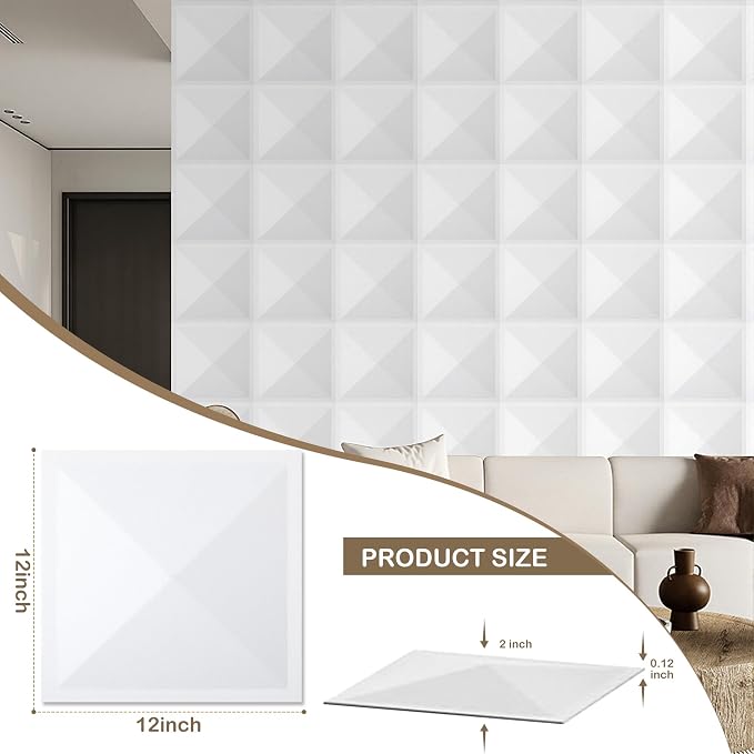 12 Pack 3D Wall Panels for Interior Wall Decor, Accent Felt Wall Panels for Office Living Room Bedroom Hotel Lobby, 12''x12'' PVC Pyramid Wallpapers Cover 12.Sq.Ft（White） - Image 2