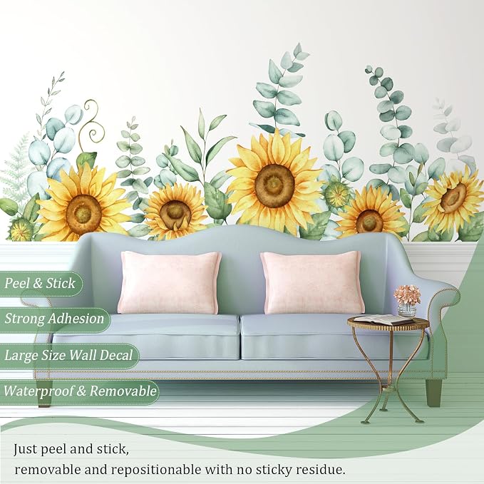 Sunflowers Floral Wall Decals Peel and Stick, Large Floral Flowers Wall Stickers, Removable Vine Home Decor Art for Bedroom Living Room Classroom Office - Image 3