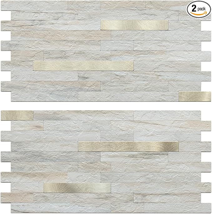 AULIGET 2 Sheets Faux Stone Peel and Stick Backsplash, Beige Marble Look PVC Wall Tile Stick on Backsplash for Kitchen and Bathroom by AULIGET