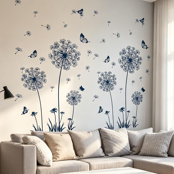 Arawat 2 Set Dandelion Wall Decals Peel and Stick Blue Dandelion Wall Stickers Large Floral Wall Stickers & Murals Flower Wall Decals for Living Room Bedroom Bathroom Restroom Roommates Vinyl Wall Art by ARAWAT