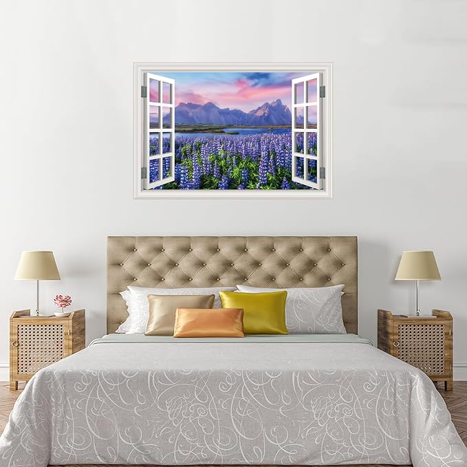 Fake Window Wall Decal- Mountain Lake Lavender Flower Open Wall Art Sticker | Faux Window Natural Scenery Landscape Mural｜Stick and Peel Wall Decals｜for Home Office Scene Decor｜48"x32",Set of 2 Sheets - Image 4