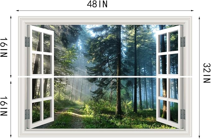 Fake Window Poster Wall Decal - Morning Forest Faux Window Wall Mural Prints for Wall Decor, Peel and Stick Wall Sticker 48" x 32" Set of 2 Sheets - Image 7