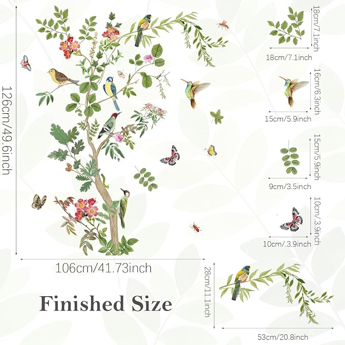 Large Green Tree Wall Decals Floral Tree Branch with Birds Peel and Stick Removable PVC Wall Stickers for Living Room Bedroom Nursery TV Background Home Art Decor - Image 4