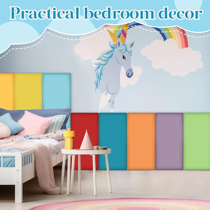 Hahafelt 24 Pack Wall Padding for Playroom Peel and Stick Headboard 15.75" x 7.87" x 1.18" 3D Anti Collision Upholstered Wall Panels Self Adhesive Headboard Panel for Protection (Rainbow Colors) - Image 5
