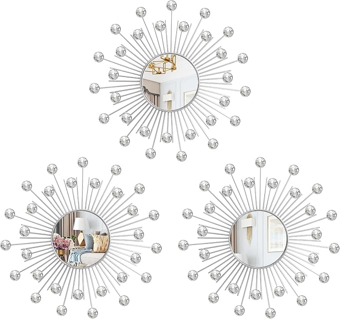 3 Pack Metal Mirrors for Wall Sunburst Wall Mirrors Home Décor Decorative Hanging Wall Art for Living Room Bedroom Entryway (Silver2 Crystal, Sunburst) by Uaussi