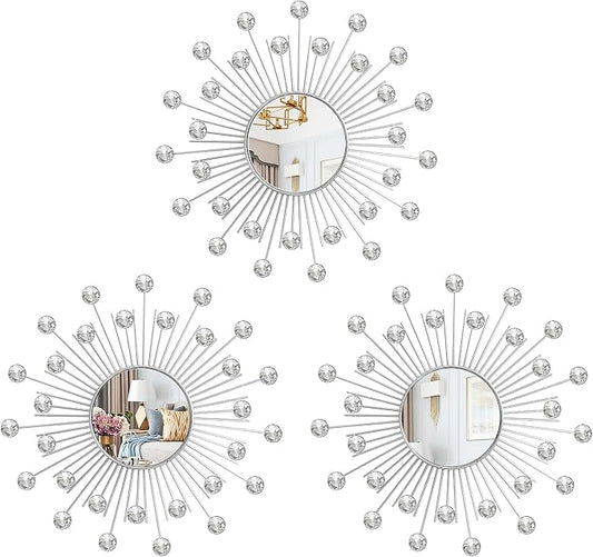 3 Pack Metal Mirrors for Wall Sunburst Wall Mirrors Home Décor Decorative Hanging Wall Art for Living Room Bedroom Entryway (Silver2 Crystal, Sunburst) by Uaussi