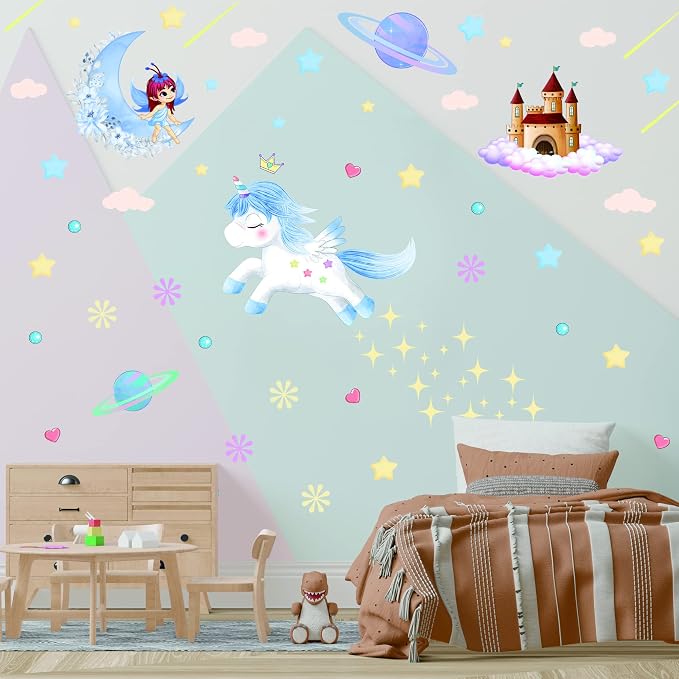 Glow in The Dark Fairy Unicorn Wall Decal Sticker, Girl Bedroom Star Rainbow Castle Princess Wallpaper Decoration, Glowing Moon Ceiling Decor - Image 2
