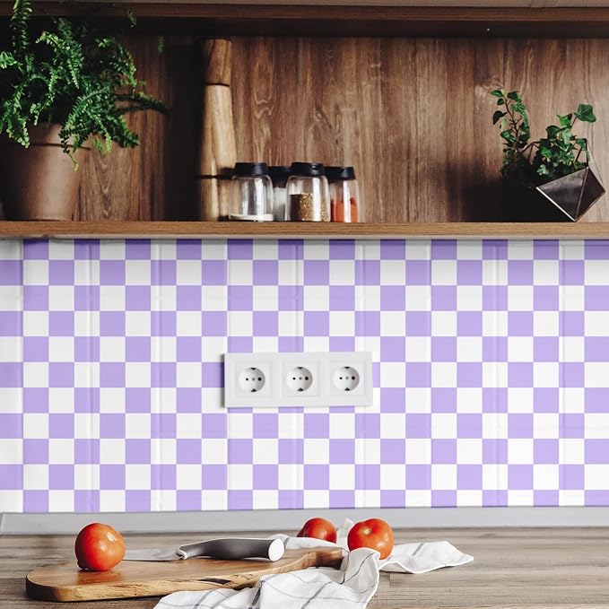 Drydiet Purple Checkered Peel and Stick Wallpaper 15.75'' x 118" | Plaid Funky Checkered Contact Paper, Waterproof Contact Wallpaper, Vintage Gingham Decor for Room Bathroom Cabinet, Trendy - Image 4