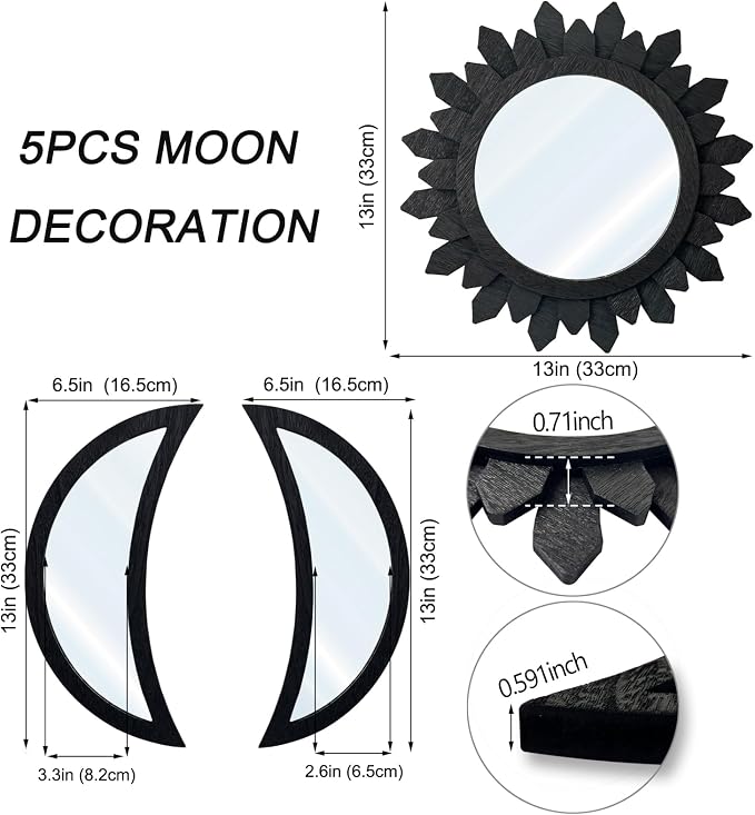 5 Pieces Moon Phase Mirror Wall-Mounted Wall Decor Mirrors Natural Wooden Sunburst Bohemian Wall Art for Home Living Room Bedroom Decoration - Image 3