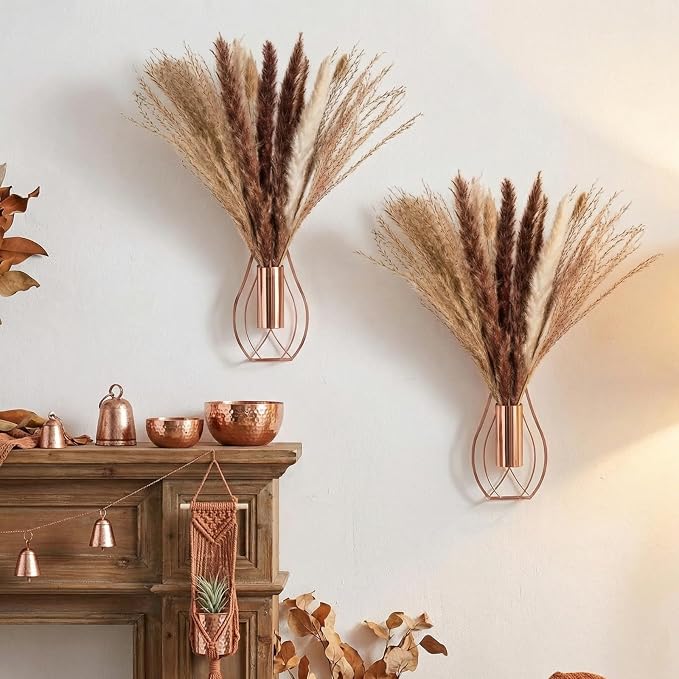 Otoolling Boho Wall Decor Set of 2 – Metal Hanging Wall Art with Faux Pampas or Eucalyptus,Minimalist Bohemian Accent for Living Room, Bedroom, Entryway(Rose Gold,Pampas) - Image 4