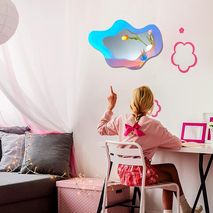 Irregular Wall Mirror Wavy Acrylic Rainbow Mirror Room Decor Aesthetic Mirrors Amorphic Vanity Retro Mirrors for Bedroom Living Room Bathroom Entryway Wall Decor ( Clouds Style, 15.5 x 10.5 Inches ) - Image 3