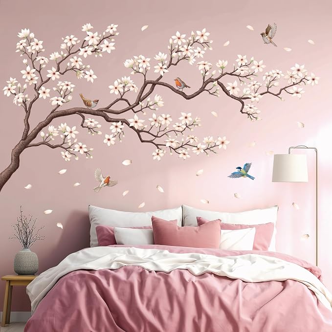 DECOWALL White Cherry Blossom Wall Stickers Decals Birds Branch (SG4-2213) | Peel and stick removable floral decor with petals and botanical art for living room, bedroom, nursery, office and staircase - Image 2