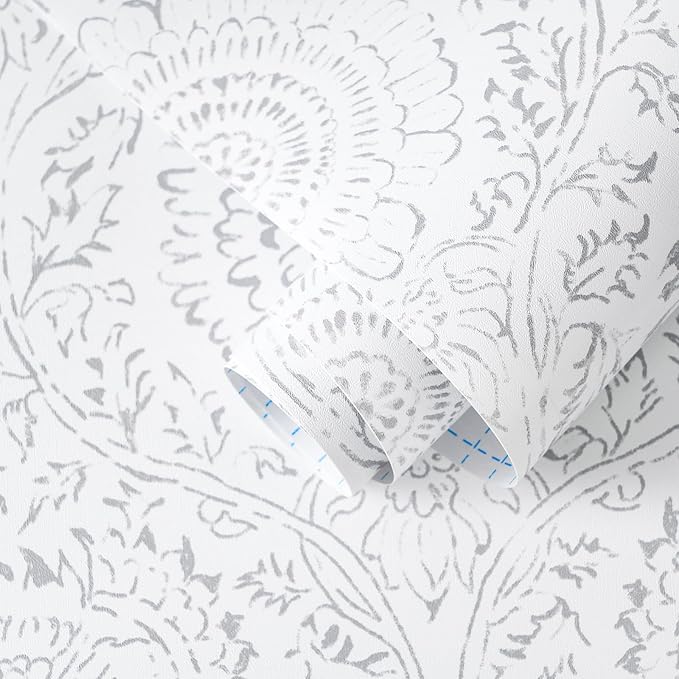 Ismoon Floral Peel and Stick Wallpaper Boho Grey and White Contact Paper | 17.3x393in Light Gray Wall Paper Textured Self Adhesive Removable Wallpaper for Bedroom Kitchen Renter Friendly Vinyl by Ismoon