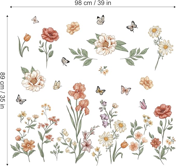 Watercolor Boho Flowers Wall Decals Wildflower Butterfly Garden Wall Stickers Removable Wall Art Decor for Living Room Bedroom - Image 5