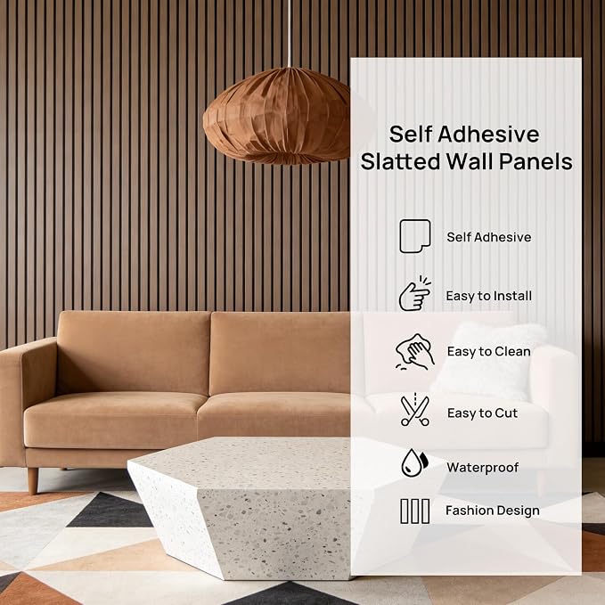 Peel and Stick Slat Wall Panels, 4" x 96" Self-Adhesive Walnut Faux Wood Accent Paneling, Removable 3D PVC Soundproof Wall Covering for Bedroom, Living Room, TV Background & Home Décor - Image 2