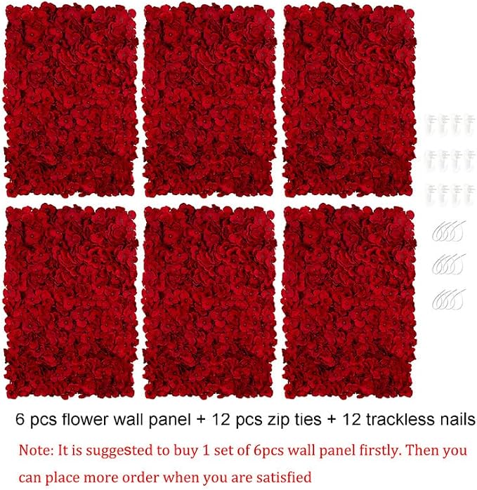 BLOSMON Red Flower Wall Backdrop for Party Decor, 6 Pcs, 24 x 16 Inches | Easy to Use, Artificial Hydrangea Floral Panels for Wedding, Bridal Shower Decorations, Fake Hanging Silk Flower Backdrop - Image 6
