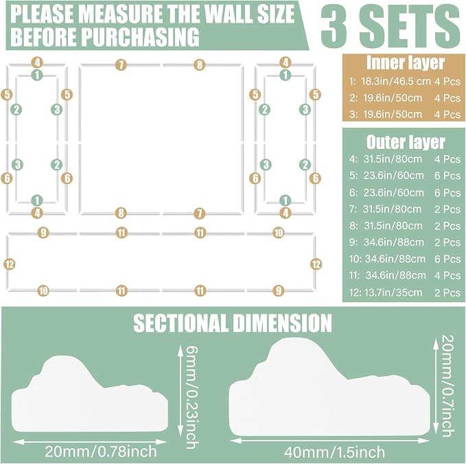 Pangda 3 Set Peel and Stick Wall Molding Kit Panel, 32x47in+63x47in | Premade, Wainscoting Accent Panel, Wall Moulding Kit, 3D, for Interior and Outer Layer, Ready to Assemble, Accent Molding - Image 2