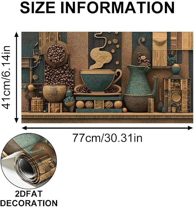 Coffee Bean Teal Mosaic Kitchen Backsplash Peel and Stick, 30x16 in | Mosaic coffee beans, steaming cup and teal pitchers in brown and teal tones; flat 2D peel and stick; wipe clean; 30x16 in - Image 6