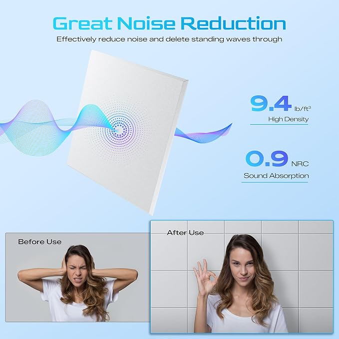 22 Pack Self-Adhesive Sound Proof Foam Panels for Walls 12"x12"x0.4" Fabric | High-Density Acoustic Panels, Noise Reducing Soundproof Wall Panels for Home Studio, Office, Easy-Install White - Image 3
