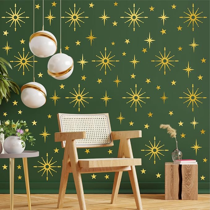 Gold Star Wall Sticker Retro Starburst Peel and Stick Decal for Living Room | Wall stickers, modern mid century decor, atomic removable art mural, ceiling stars, peel and stick, for kids bedroom nursery - Image 2