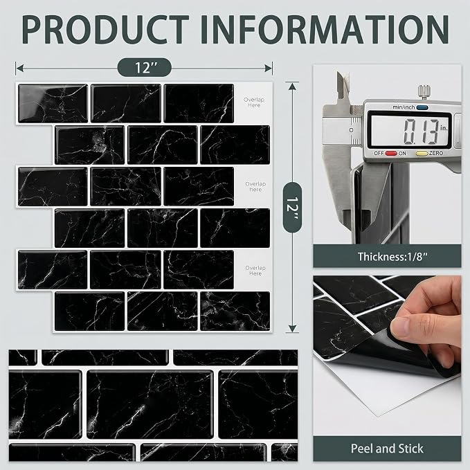 Arttown Peel and Stick 3D Wall Backsplash, 10-Sheet, 12" × 12" Black | Subway Tile Self Adhesive Thicker Design Wall Tiles Panel Wallpaper for Kitchen Bathroom Balcony Rental Housing - Image 3