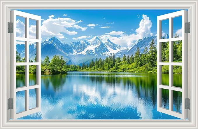 Large Murals 66"x48" Fake Window Wall Mural Sticker Mountain Lake Forest Tree Faux Window Wall Cling Art Picture Office Poster Decals Decor, Stick and Peel Landscape Natural Scenery Scene by Clickhere