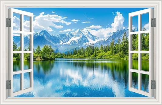 Fake Window Wall Decal Snow Mountain Lake Forest Wall Sticker Faux Window Poster Picture Open Wall Art Decor, Stick and Peel Landscape Natural Scenery Canvas Scene Mural,16"x24" by Clickhere
