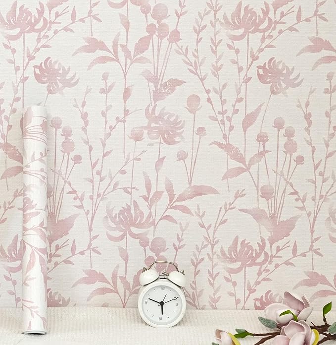 HeloHo Peel and Stick Wallpaper Pink Floral Leaf Wall Paper Self Adhesive Removable Waterproof Contact Paper for Living Room Bedroom Decor 16.1" X 196.8" - Image 8