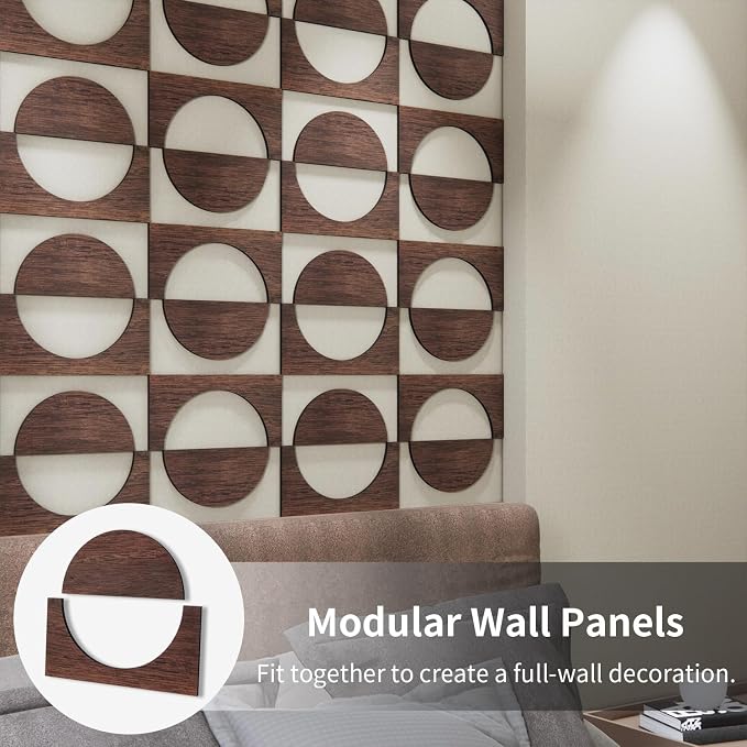 12PCS PVC Modular Decorative Fretwork Wall Panels for Living Room Lobby Bedroom, Half Circle-Walnut Faux Walnut Wood Texture - Image 3