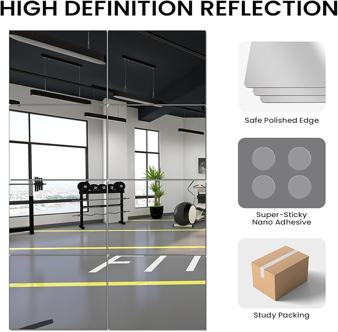VASUHOME Large Mirror Tiles 16"x12" (8 Pack), Full Length Wall Mirrors for Home Gym, Garage, Bedroom, Living Room, Door – HD Reflection, Easy DIY Installation - Image 6