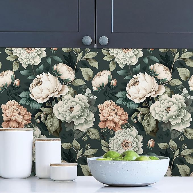 Dark Green White Peonies Vintage Floral Peel and Stick Wallpaper Wall Decor Self Adhesive Wall Paper Stick on Easy Peel Off Contact for Renter Apartment - Image 2