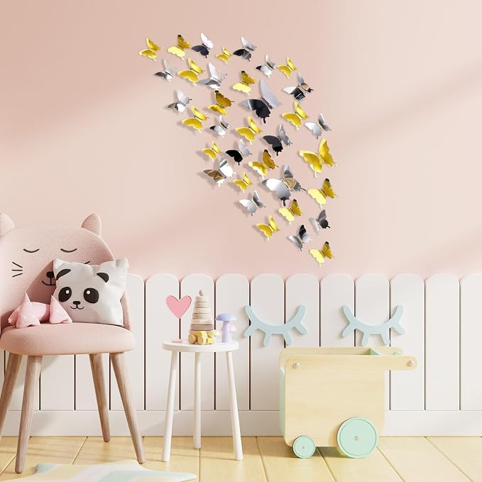 BBTO 48 Pcs 3D Butterfly Mirror Wall Decor,Gold,Silver | Butterfly Stickers,3 Sizes,for Birthday Party Cake,Room Nursery Bathroom Wall Decor,Removable Peel Stick,Reflective - Image 7