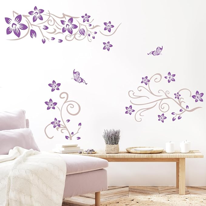 Supzone Flowers Vine Wall Decals - Purple Flowers Stickers With Butterflies, Removable Vinyl DIY Home Art for Bedroom, Living Room, Sofa Backdrop, TV Decoration - Image 6