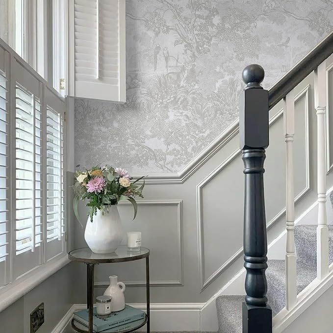 Ismoon Gray Peel and Stick Wallpaper Neutral Wall Paper 17.3in×6.56ft Vintage Removable Self-Adhesive Wallpaper Animals Jungle Contact Paper for Cabinets Bathroom Walls Covering Vinyl Roll - Image 4