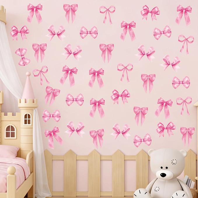Arawat 8Sheets/48 Pcs Pink Coquette Bow Room Decor for Bathroom Women Bedroom Aesthetic Room Decor Bow wall Decoration for Bedroom Pink Bows wall Stickers Decals Peel and Stick - Image 2