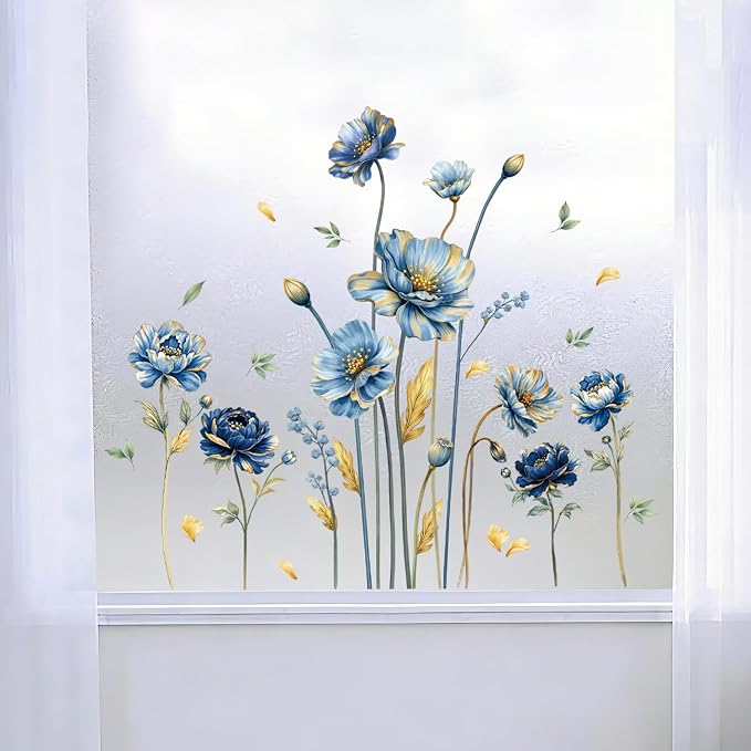 LHIUEM Blooming Golden Leaves Blue Flowers Wall Stickers 39”x12” Large Floral Peel and Stick Wall Decals Removable Bright Wildflower Wall Decals for Bathroom Living Room Window Bedroom - Image 4