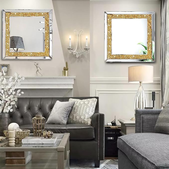 2 Piece Wall Mirrors, Crush Diamond Wall Decor, Gold Color Decorative Mirrors for Living Room, Bedroom, Bathroom. (12'x12') - Image 5